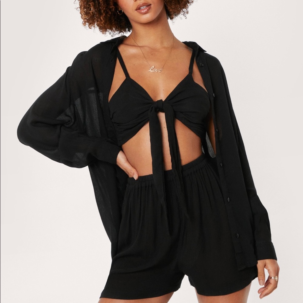 Nasty Gal 3 Pc Beach Cover Up Shirt and Shorts Set US W 4